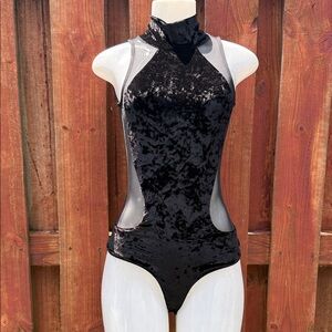 Revamped Black Velvet High-Neck Cutout Bodysuit with Mesh Panels